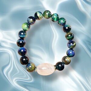 10mm Tiger’s Eye Bracelet with Chunky Quartz & African Turquoise Jasper Accents